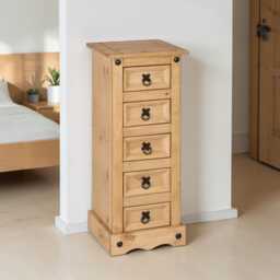 Solid Pine Narrow 5 Drawer Chest Rustic Farmhouse Storage Cabinet - thumbnail 3