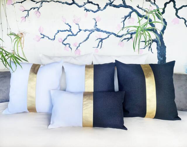 Gold Faux Leather Color Block Pillow Cover Modern Scandinavian Linen - image 1