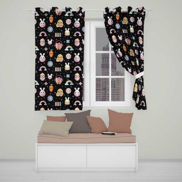 Easter Chick Bunny Carrot Rainbow Black Starry Background Seamless Pattern Readymade Eyelet Ring Top Thermal 100% Blackout Curtains - image 1