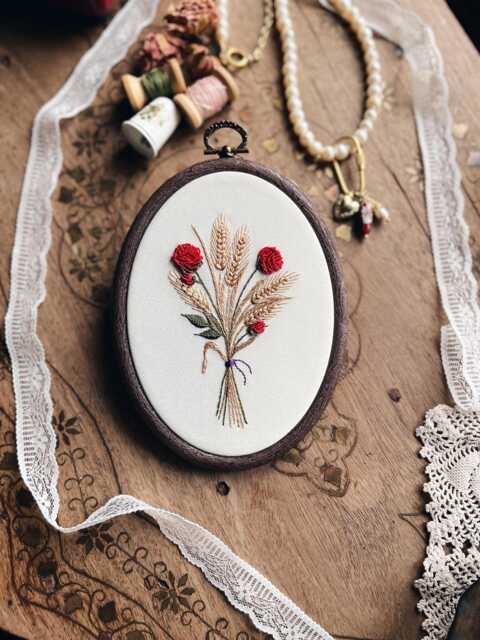 Hand Embroidered Rose & Wheat Bouque, Oval Embroidery Hoop Wall Art - image 1