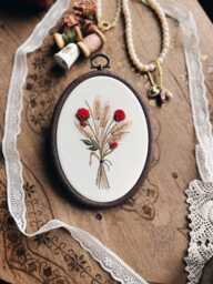 Hand Embroidered Rose & Wheat Bouque, Oval Embroidery Hoop Wall Art
