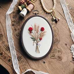 Hand Embroidered Rose & Wheat Bouque, Oval Embroidery Hoop Wall Art - thumbnail 3