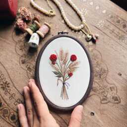 Hand Embroidered Rose & Wheat Bouque, Oval Embroidery Hoop Wall Art - thumbnail 2