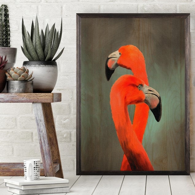 Flamingo Wooden Painting, Digital Wall Art, Art Decor, Modern Lake House Wood, Housewarming Gift, Deco - image 1