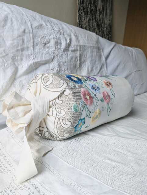 French Farmhouse Shabby Chic Bolster Pillow Vintage Hand Embroidery Unique Lumbar Cushion Floral Flowers L