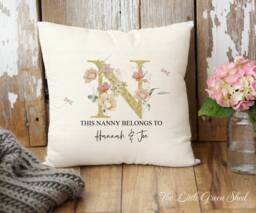 Personalised Nanny Cushion, Floral Linen Pillow, Custom Grandchildren Gift