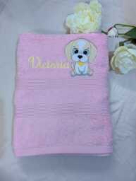 Personalised Kids Bath Towel Embroidered Puppy, Cotton Towel - thumbnail 1