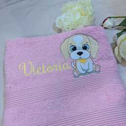 Personalised Kids Bath Towel Embroidered Puppy, Cotton Towel - thumbnail 2