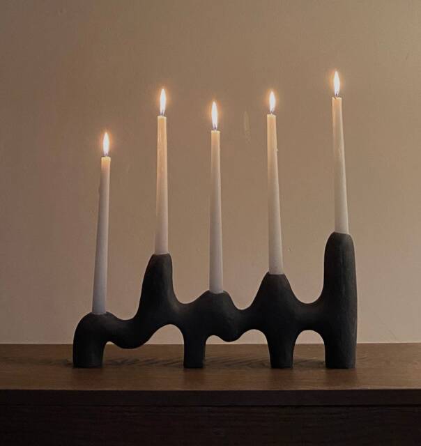 Black Ceramic Candle Holder, Asymmetrical Handbuilt Stoneware Sculpture - image 1