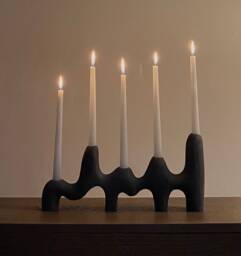 Black Ceramic Candle Holder, Asymmetrical Handbuilt Stoneware Sculpture - thumbnail 1