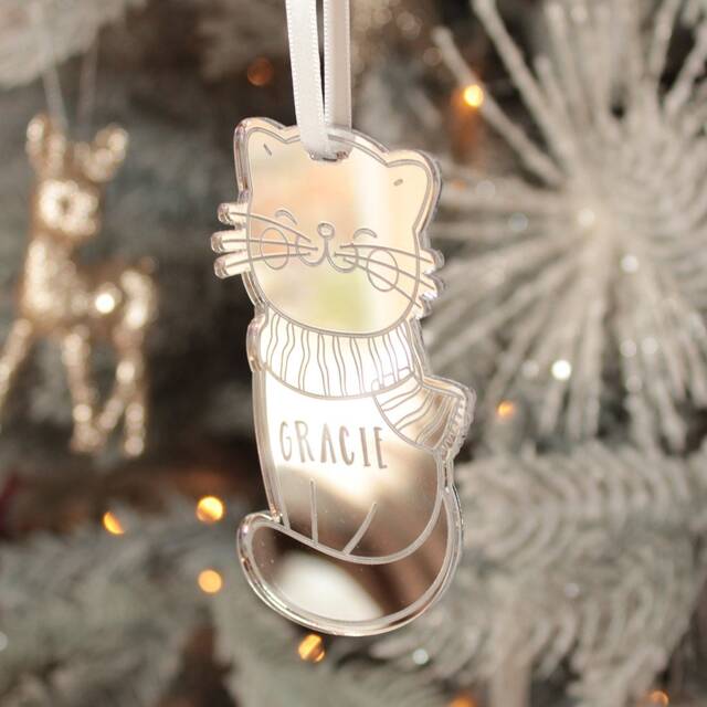 Personalised Pet Cat Engraved Mirror Christmas Tree Decoration - image 1