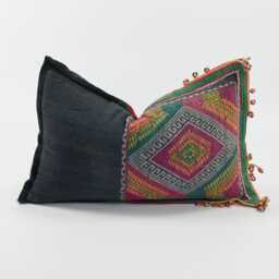 Vintage Embroidered Tai Lu Indigo Lumbar Pillow Cover - 12x20 - thumbnail 1
