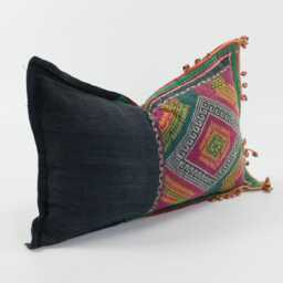 Vintage Embroidered Tai Lu Indigo Lumbar Pillow Cover - 12x20 - thumbnail 2