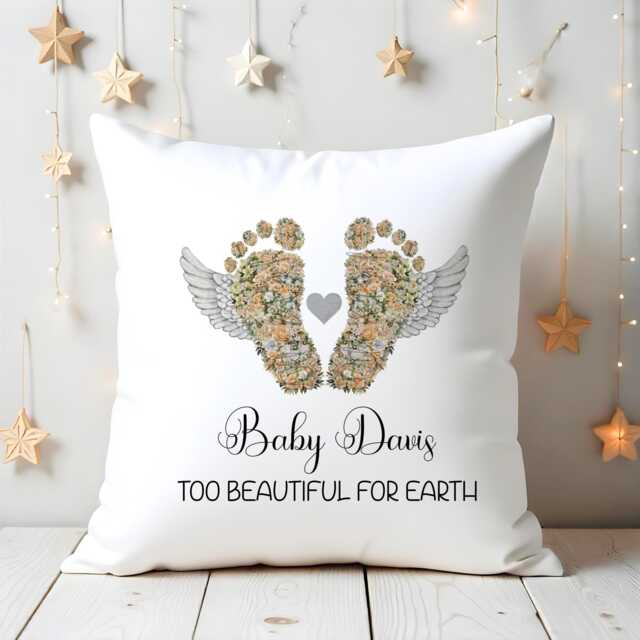 Baby Loss Memorial Cushion, Personalised Baby Keepsake, Too Beautiful For Earth - image 1