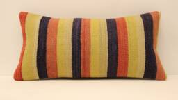 Handwoven Wool Kilim Pillow Cover, Striped Lumbar Cushion - 12x24