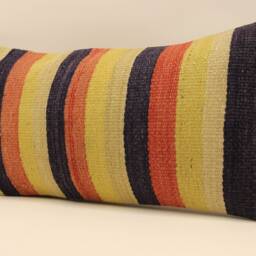 Handwoven Wool Kilim Pillow Cover, Striped Lumbar Cushion - 12x24 - thumbnail 3