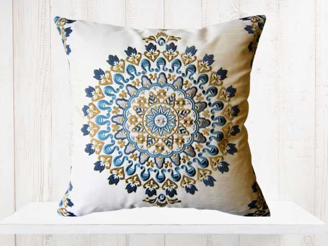 Embroidered Medallion Pillow Cover, Slate Blue Gray Tan, Kravet Fabric - image 1
