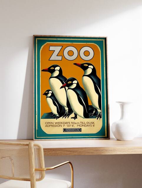 Vintage London Zoo Poster, Penguins, Retro Print, Historical Museum Wall Art, Animal Art Gift, A1/A2/A3/A4 - image 1