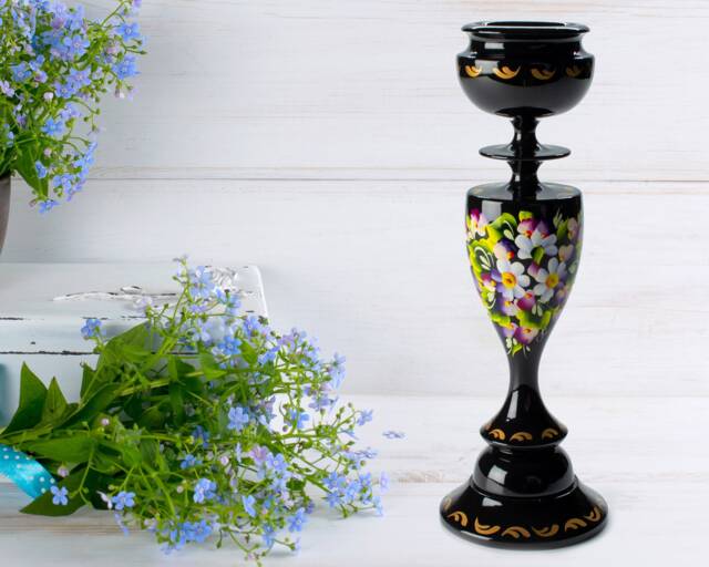 Ukrainian Hand Painted Wooden Tall Candle Stick Holder, Handmade Black Table Home Decor, Petrykivka Gift Ukraine Shop, S072 - image 1