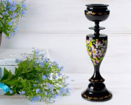 Ukrainian Hand Painted Wooden Tall Candle Stick Holder, Handmade Black Table Home Decor, Petrykivka Gift Ukraine Shop, S072 - thumbnail 1