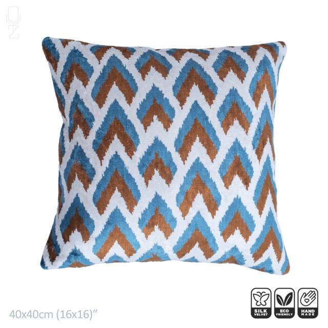 Handmade Silk Velvet Ikat Pillow Cover, Blue & Brown - 16x16 Inches - image 1