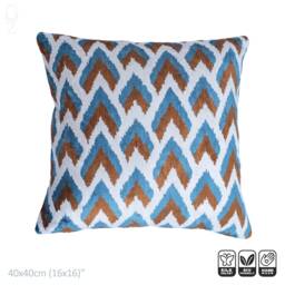 Handmade Silk Velvet Ikat Pillow Cover, Blue & Brown - 16x16 Inches - thumbnail 1
