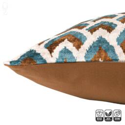 Handmade Silk Velvet Ikat Pillow Cover, Blue & Brown - 16x16 Inches - thumbnail 3