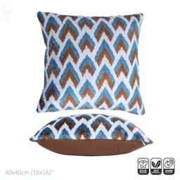 Handmade Silk Velvet Ikat Pillow Cover, Blue & Brown - 16x16 Inches - thumbnail 2