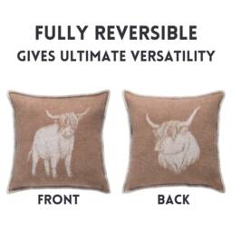 Brown Highland Cow Cushion Cover - Pure Wool Reversible Pillowcase 45 X 45cm/ 18 18 - thumbnail 3