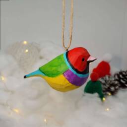 Gouldian Finch Hanging Christmas Ornaments Wooden Hand Carved Painted Bird - thumbnail 3