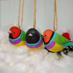 Gouldian Finch Hanging Christmas Ornaments Wooden Hand Carved Painted Bird