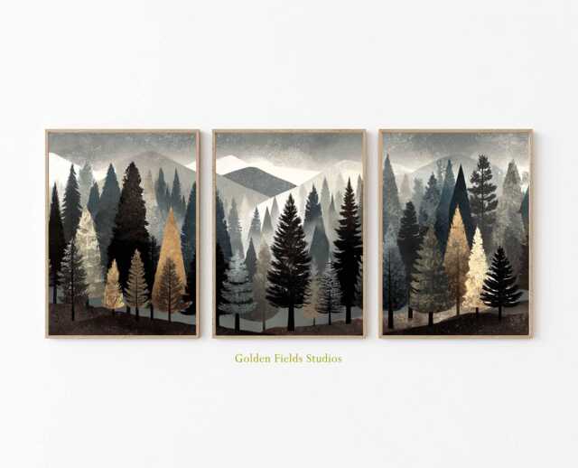 Mountain Forest Poster Set Of 3 Scandinavian Woodland Wall Art - image 1