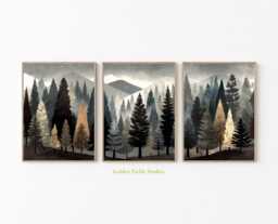 Mountain Forest Poster Set Of 3 Scandinavian Woodland Wall Art - thumbnail 1