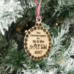 Personalised First Christmas Together Ornament Engraved Meranti Wood Bauble - thumbnail 2