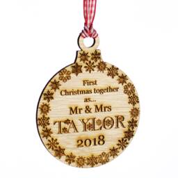 Personalised First Christmas Together Ornament Engraved Meranti Wood Bauble - thumbnail 1