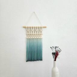 Ombre Handmade Teal Macrame Wall Hanging, Bohemian Wall Decor, Dip Dyed Tapestry, Beautiful Natural Cotton Art Piece With Wooden Dowel