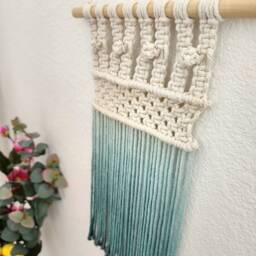Ombre Handmade Teal Macrame Wall Hanging, Bohemian Wall Decor, Dip Dyed Tapestry, Beautiful Natural Cotton Art Piece With Wooden Dowel - thumbnail 3