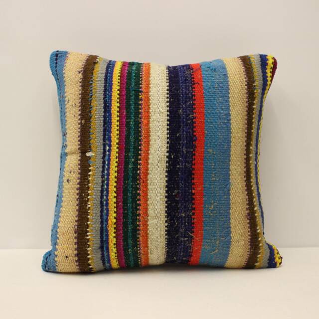 Vintage Turkish Kilim Pillow Cover, Wool Cushion, Bohemian Decor - 16x16 In - image 1