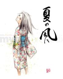 Print 8x10 Japanese Calligraphy & Girl in Yukata Summer Wind - thumbnail 1