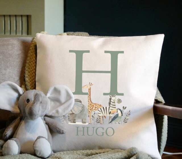 Personalised Safari Animal Initial Childrens Bedroom Cushion Gift, Jungle Themed - image 1