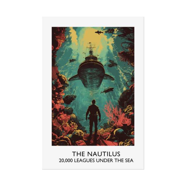 Printed - Jules Verne 20, 000 Leagues Under The Sea Nautilus Vintage Travel Poster Captain Nemo Classic Literature Book Gift - image 1