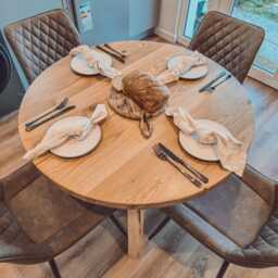 Solid Oak Round Dining Table With Timber Legs & Pu Leather Brown Chairs - thumbnail 1