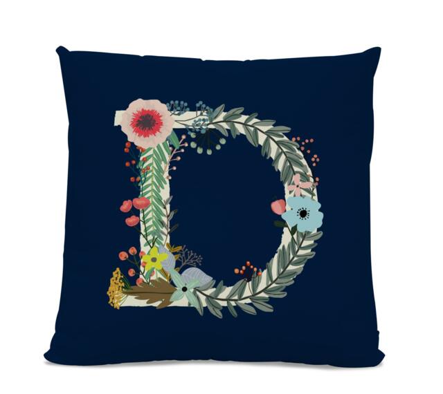 Initial Pillow - Floral Letter With D Monogrammed Custom Throw Flower Monogram