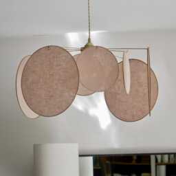 8-Round Linen & Brass Pendant Light - Designer Chandelier Kinetic Mobile Handmade - thumbnail 4