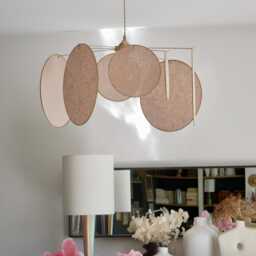 8-Round Linen & Brass Pendant Light - Designer Chandelier Kinetic Mobile Handmade - thumbnail 2