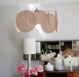 8-Round Linen & Brass Pendant Light - Designer Chandelier Kinetic Mobile Handmade - thumbnail 1