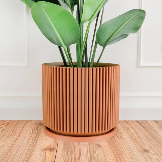 Mid-Century Ribbed Planter With Drainage & Saucer in Matte Terracotta, 3D Printed Unique Modern Design, Lightweight - image 1