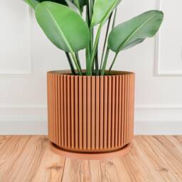 Mid-Century Ribbed Planter With Drainage & Saucer in Matte Terracotta, 3D Printed Unique Modern Design, Lightweight