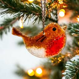 Fused Glass Robin Christmas Ornament Handmade Gold Lustre Decoration - thumbnail 2