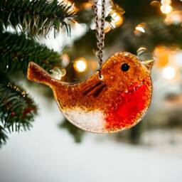 Fused Glass Robin Christmas Ornament Handmade Gold Lustre Decoration - thumbnail 3